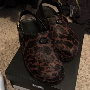 Coach Leopard-Print Clog Mules in Brown and Black